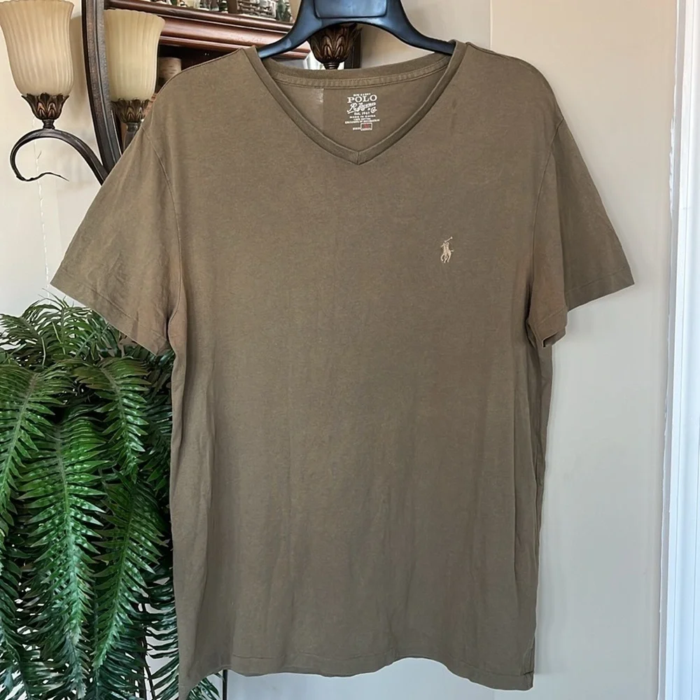 Polo Ralph Lauren Olive Green V-Neck Cotton Short Sleeve T-Shirt Top Pony
